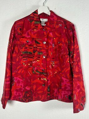 Coldwater Creek Womens Red Abstract Silk Blend Jacket Medium Button-Front Lined
